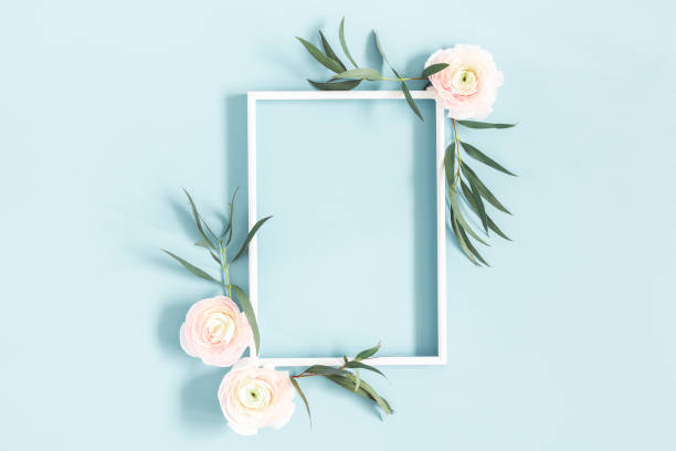 istock Flowers composition. White flowers, eucalyptus leaves, photo frame on pastel blue background. Flat lay, top view, copy space 1138994912