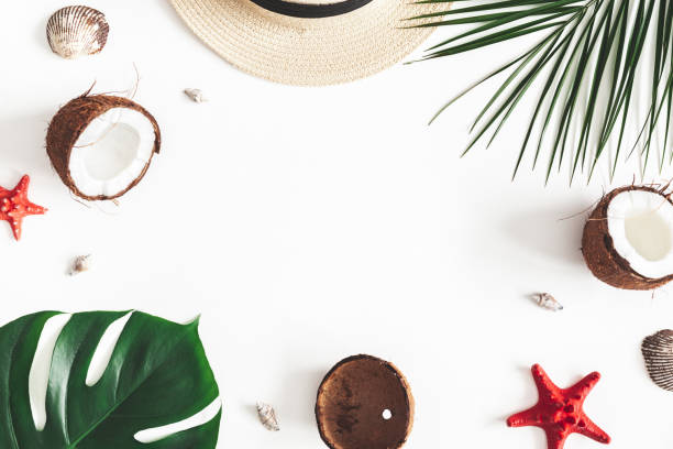 istock Summer composition. Tropical palm leaves, hat, coconut on white background. Summer concept. Flat lay, top view, copy space 1138996167