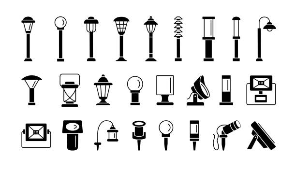 Landscape path lights for patio, deck & yard. Outdoor garden lighting. Vector flat icon set. Isolated objects. Landscape path lights for patio, deck & yard. Outdoor garden lighting. Vector flat icon set. Isolated on white background. outdoors stock illustrations