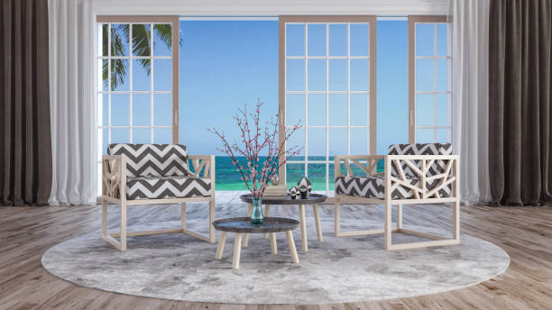 istock Modern Living room with ocean view, interior design 3D Render 1138998851