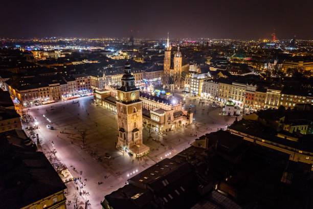 Aerial drone view on Cracow main square at night Aerial drone view on Cracow main square at night. Cracow, Lesser Poland province krakow stock pictures, royalty-free photos & images