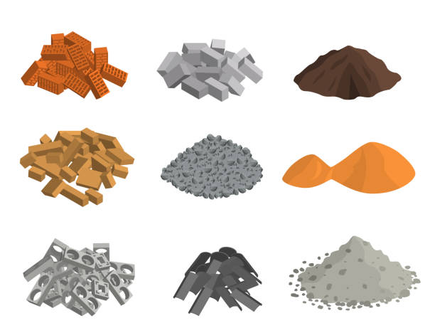 Realistic 3d Detailed Building Materials Set. Vector Realistic 3d Detailed Building Materials Set Include of Brick, Cement, Sand, Stone Gravel and Metal. Vector illustration gravel mound stock illustrations