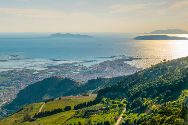 Aerial view of Trapani during sunset Aerial view of Trapani during sunset salina sicily stock pictures, royalty-free photos & images