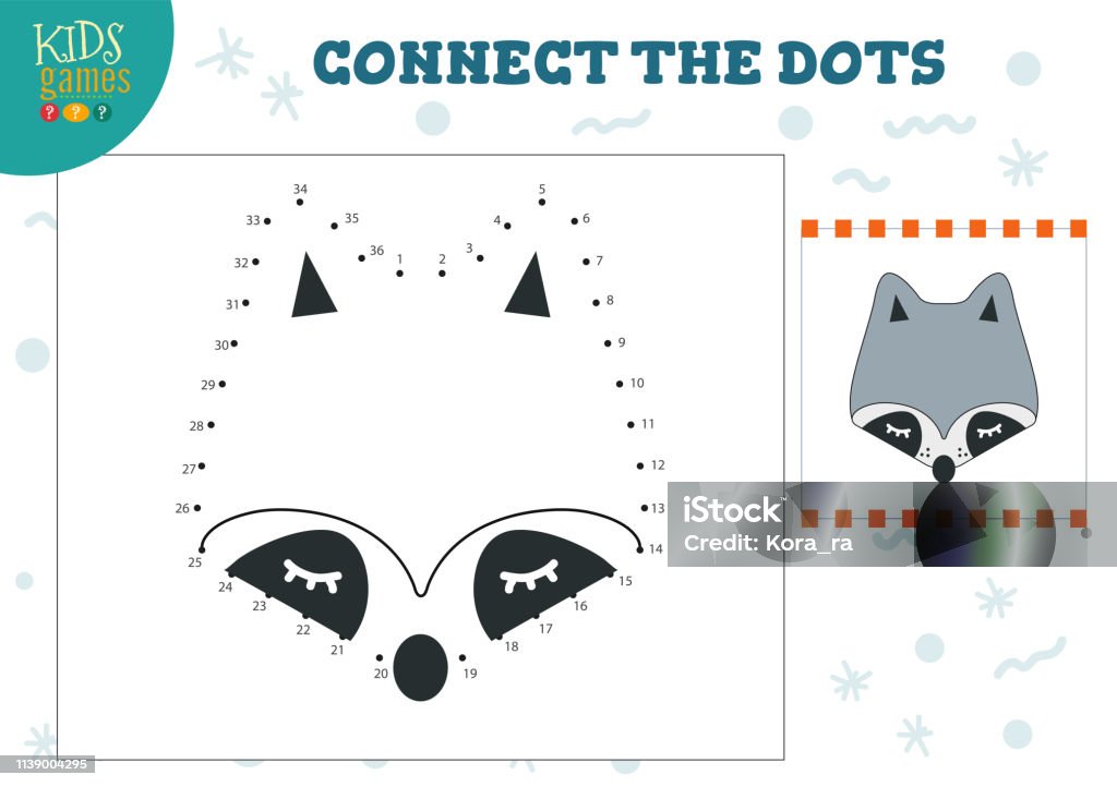 Connect the dots kids game vector illustration Connect the dots kids game vector illustration. Preschool children education activity with joining dot to dot and coloring raccoon head Black Color stock vector