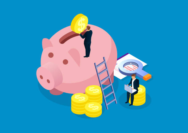 Piggy bank, financial analysis and investment Piggy bank, financial analysis and investment cartoon of rich man stock illustrations