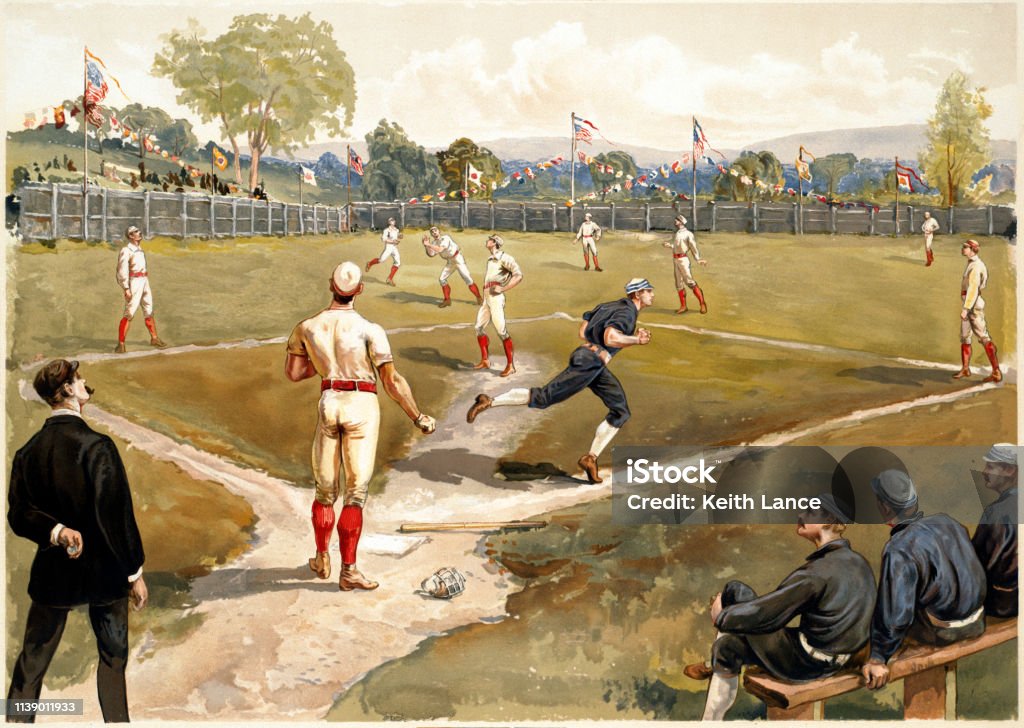 Baseball Game Vintage image of a baseball game in the late 19th century. Baseball - Sport stock illustration
