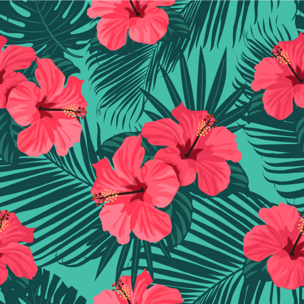 nahtloses tropisches vektormuster mit leuchtenden hibiskusblüten und exotischen palmblättern im hintergrund. - retrostil grafiken stock-grafiken, -clipart, -cartoons und -symbole