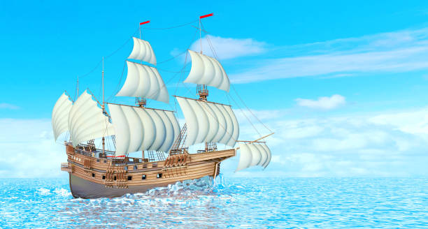istock Sailing ship wooden old, in the sea. 1139014659