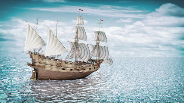 istock Sailing ship wooden old, in the sea. 1139014673