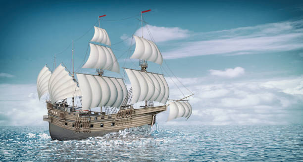 istock Sailing ship wooden old, in the sea. 1139014695
