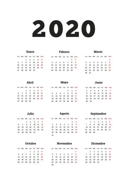 Vector illustration of 2020 year simple calendar in spanish, A4 size vertical sheet isolated on white