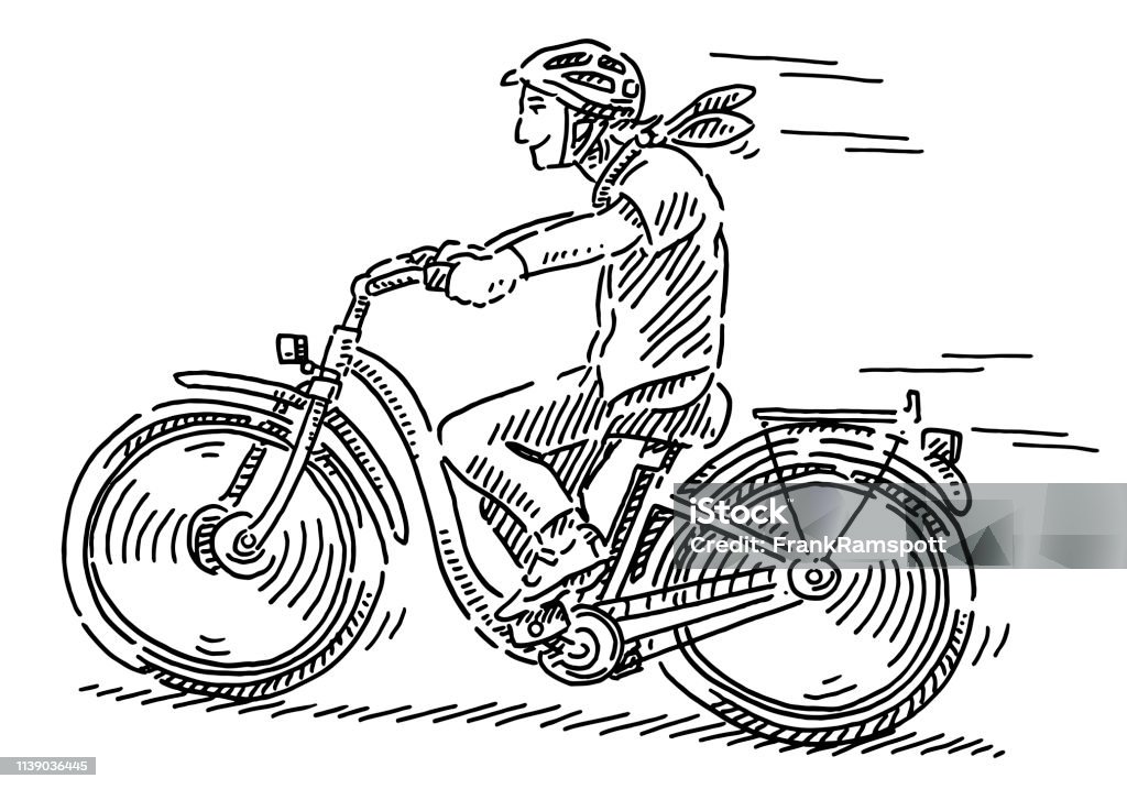 Young Woman Riding Bicycle Drawing Hand-drawn vector drawing of a Young Woman Riding a Bicycle. Black-and-White sketch on a transparent background (.eps-file). Included files are EPS (v10) and Hi-Res JPG. Illustration stock vector