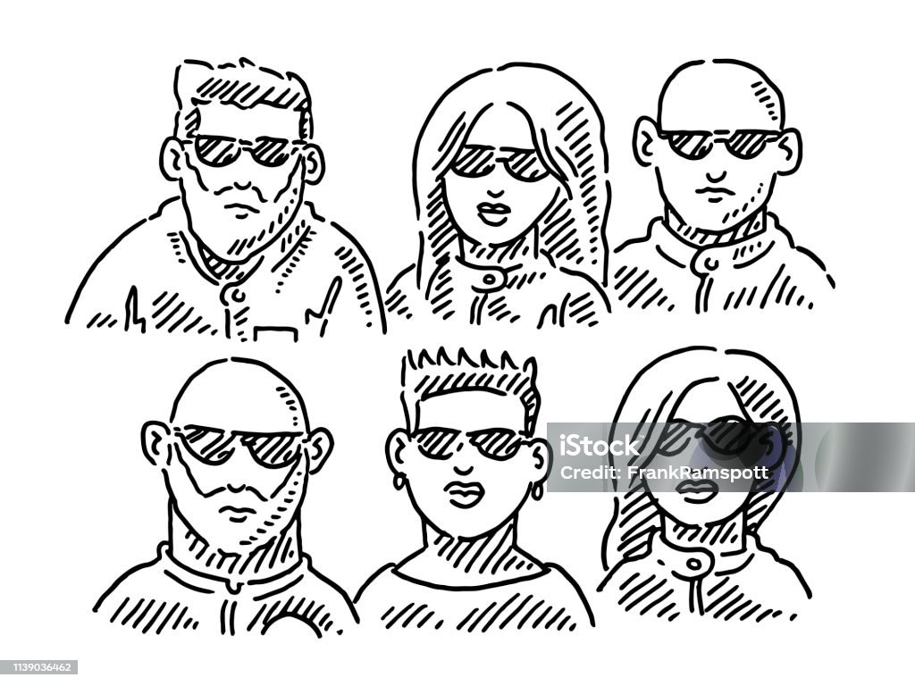 Cool Motorcycle People Sunglasses Portrait Drawing Hand-drawn vector drawing of a group of Cool Motorcycle People with Sunglasses, generic Portraits. Black-and-White sketch on a transparent background (.eps-file). Included files are EPS (v10) and Hi-Res JPG. Doodle stock vector