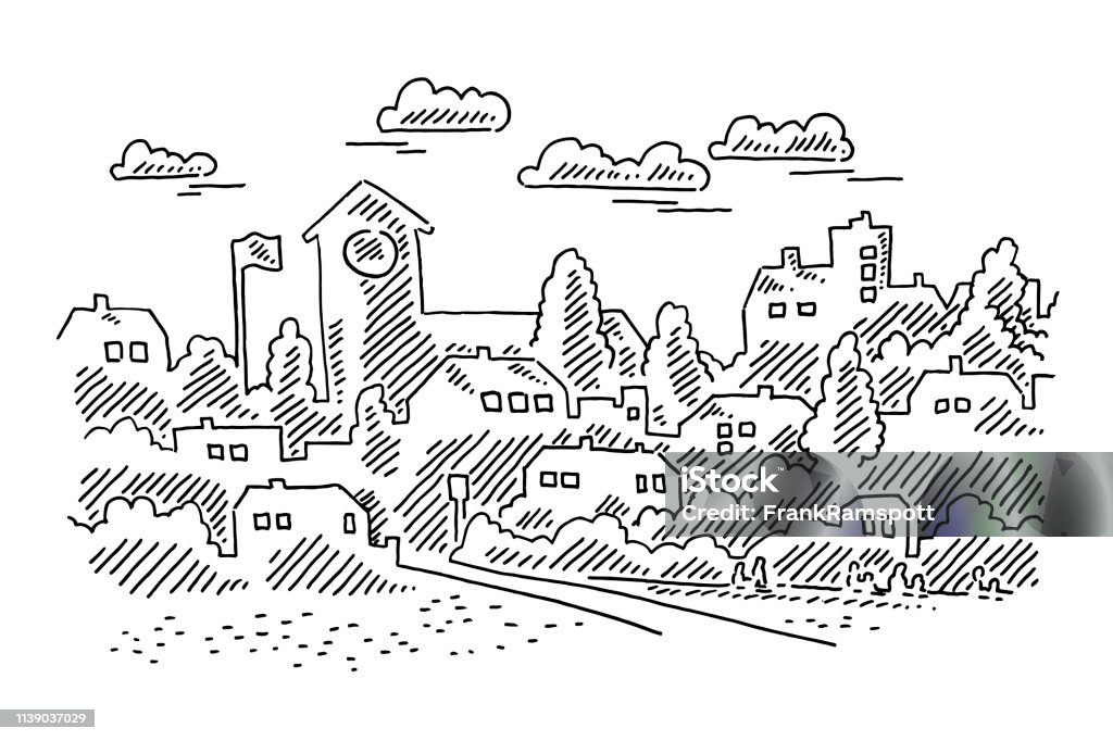 Beautiful Town Landscape Drawing Hand-drawn vector drawing of a Beautiful Town Landscape. Black-and-White sketch on a transparent background (.eps-file). Included files are EPS (v10) and Hi-Res JPG. Town stock vector