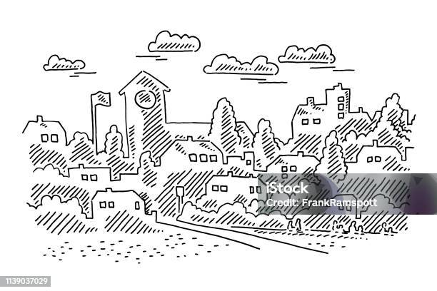 Beautiful Town Landscape Drawing Stock Illustration - Download Image Now - Town, Cityscape, Illustration