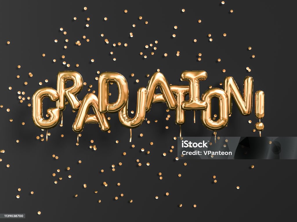 Graduation gold text black backgound banner.Congratulation graduates party golden balloons and confetti. 3d rendering Graduation Stock Photo