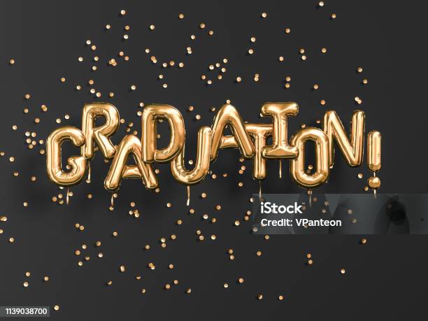 Graduation Gold Text Black Backgound Bannercongratulation Graduates Party Golden Balloons And Confetti 3d Rendering Stock Photo - Download Image Now