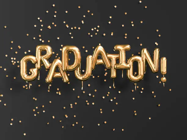 Photo of Graduation gold text black backgound banner.Congratulation graduates party golden balloons and confetti. 3d rendering