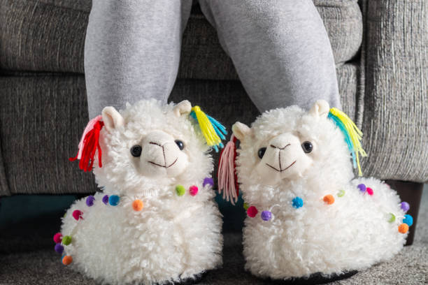 istock Young girl is wearing cute soft 3d llama slippers 1139045090