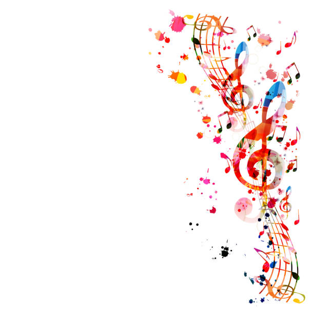 ilustrações, clipart, desenhos animados e ícones de fundo da música com notas coloridas da música - music