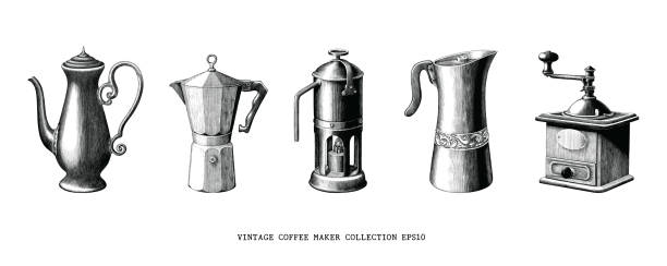 Vintage Coffee Maker Collection Hand Draw Black And White Clip Art