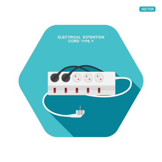 wektorowa sześciokątna ikona nowoczesnego pięciogłogowego elektrycznego przedłużacza typu f z pięcioma przełącznikami, dwoma wtyczkami podłączonymi na turkusowym tle z cieniem. - extension cord push button cable electric plug stock illustrations