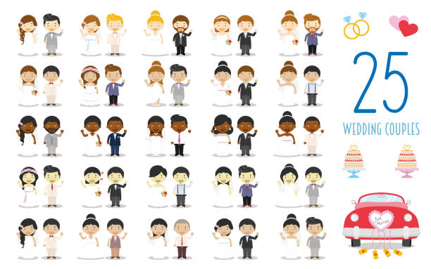 Set of 25 wedding couples and nuptial icons in cartoon style Set of 25 wedding couples and nuptial icons in cartoon style african bride and groom stock illustrations