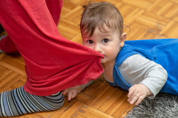 istock Baby boy is biting mom's trouser leg 1139048786
