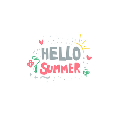 Hello summer hand drawn flat vector lettering. Slogan, message stylized typography. Summer vacation, doodle drawings.Beach party. Sun rays, waves, flowers, heart sketches. T-shirt, banner design