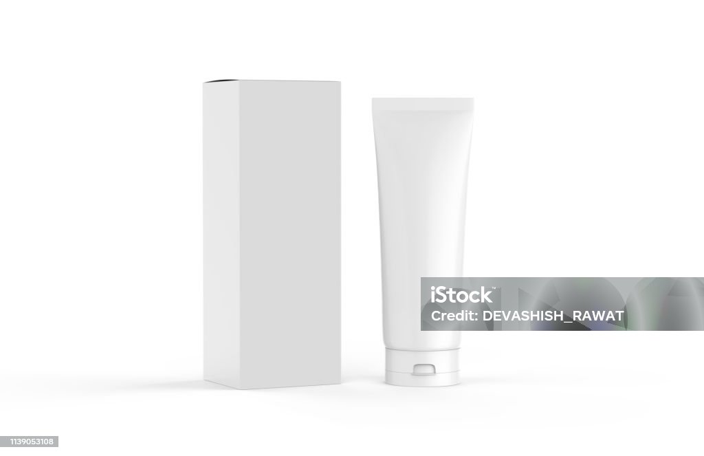 White blank glossy tube for cosmetics cream, gel, skin care, toothpaste, shampoo and medicine, mock up template on isolated white background, 3d illustration Box - Container, Make-Up, Beauty Product, Beauty Spa, Container Box - Container Stock Photo