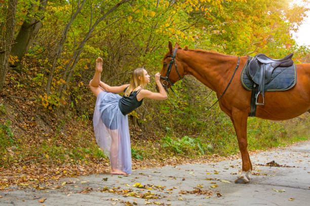 młoda piękna tancerka, pozująca z koniem w lesie, elastyczna gimnastyczka. - sculpture female dancer wood zdjęcia i obrazy z banku zdjęć