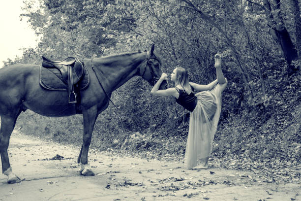 m�łoda piękna tancerka, pozująca z koniem w lesie, elastyczna gimnastyczka. - sculpture female dancer wood zdjęcia i obrazy z banku zdjęć