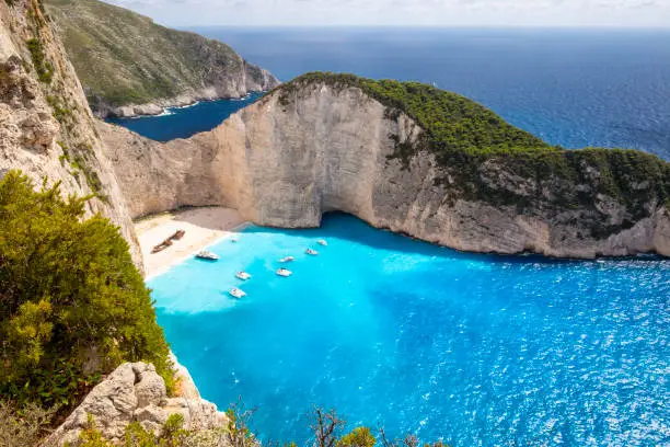 Navagio Beach, or Shipwreck Beach, on the coast of Zakynthos, Greece.