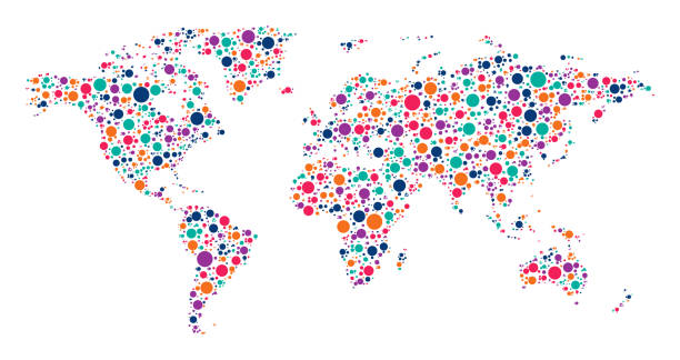 mapa świata wykonana z wielokolorowych kropek - kropkowany ilustracje stock illustrations