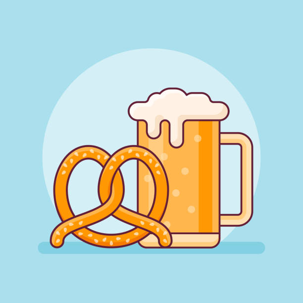 ilustraciones, imágenes clip art, dibujos animados e iconos de stock de taza de cerveza y el icono de la línea plana pretzel. - pretzel sesame vector snack