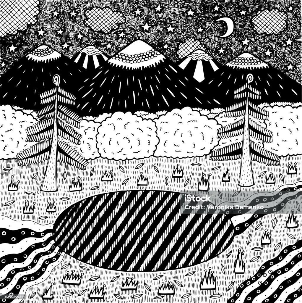 Night landscape with night forest, lake, trees, mountains, river. Hand drawn ink illustration. Coloring page for adults. Vector artwork Night landscape with night forest, lake, trees, mountains, river. Hand drawn ink illustration. Coloring page for adults. Vector artwork. Black And White stock vector