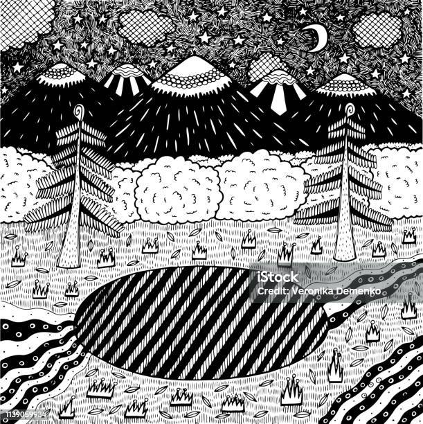 Night Landscape With Night Forest Lake Trees Mountains River Hand Drawn Ink Illustration Coloring Page For Adults Vector Artwork Stock Illustration - Download Image Now