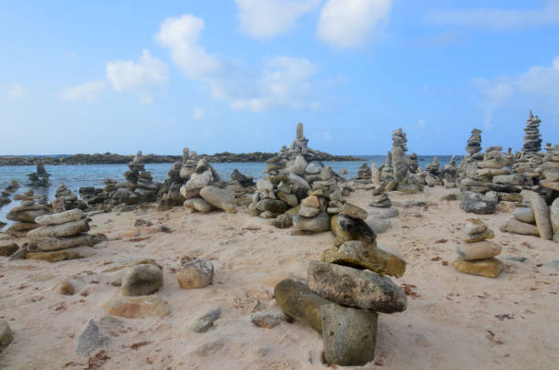 Collection of stacked stones found on Baby Beach in Aruba.
