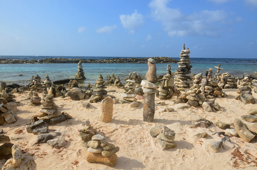 Stone cairns found on the beach in Aruba.