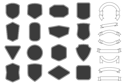 Set of vitage label, badges shape and ribbon baner collections. Vector illustration. Black template for patch, insignias, overlay.