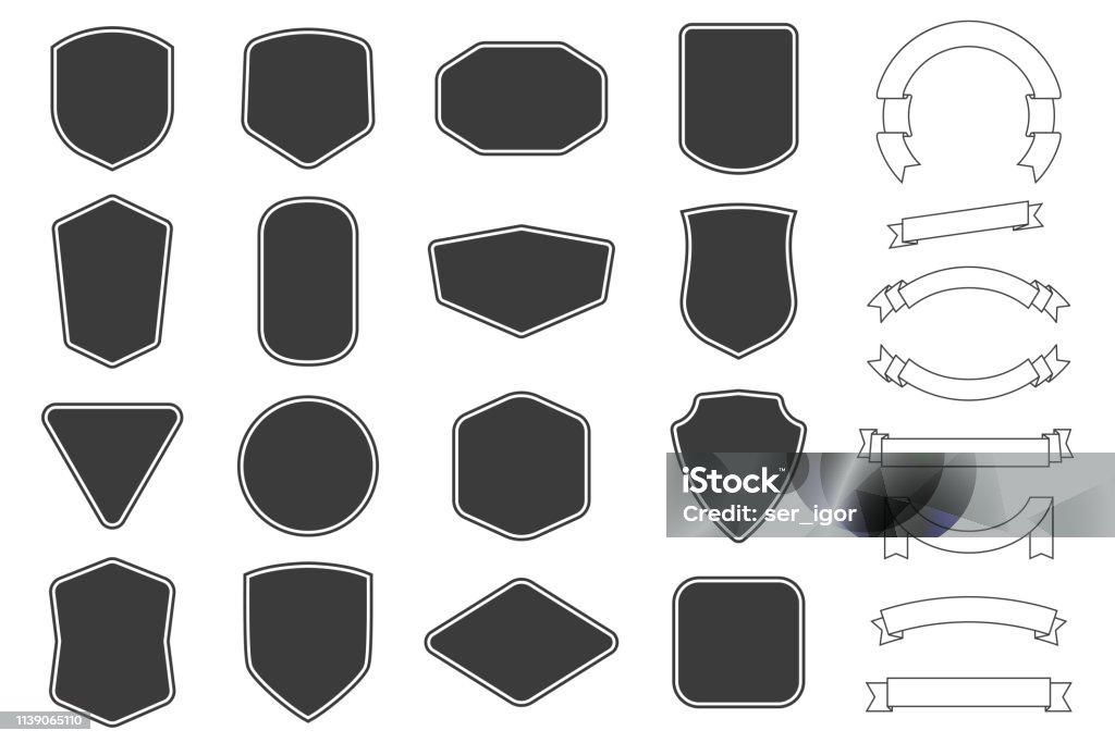 Set of vitage label, badges shape and ribbon baner collections. Vector. Black template for patch, insignias, overlay. Set of vitage label, badges shape and ribbon baner collections. Vector illustration. Black template for patch, insignias, overlay. Badge stock vector
