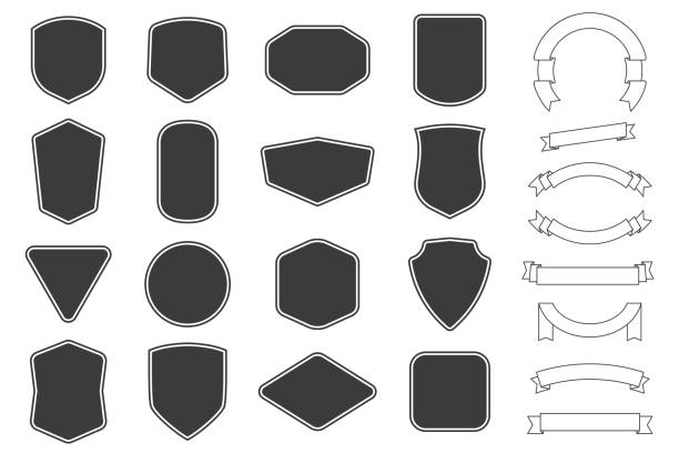 Set of vitage label, badges shape and ribbon baner collections. Vector. Black template for patch, insignias, overlay. Set of vitage label, badges shape and ribbon baner collections. Vector illustration. Black template for patch, insignias, overlay. coat of arms stock illustrations