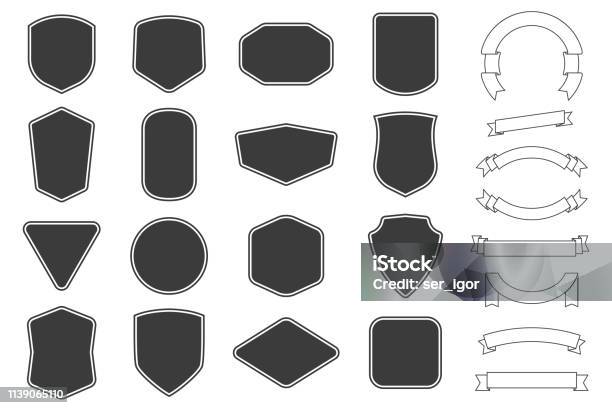 Set Of Vitage Label Badges Shape And Ribbon Baner Collections Vector Black Template For Patch Insignias Overlay Stock Illustration - Download Image Now