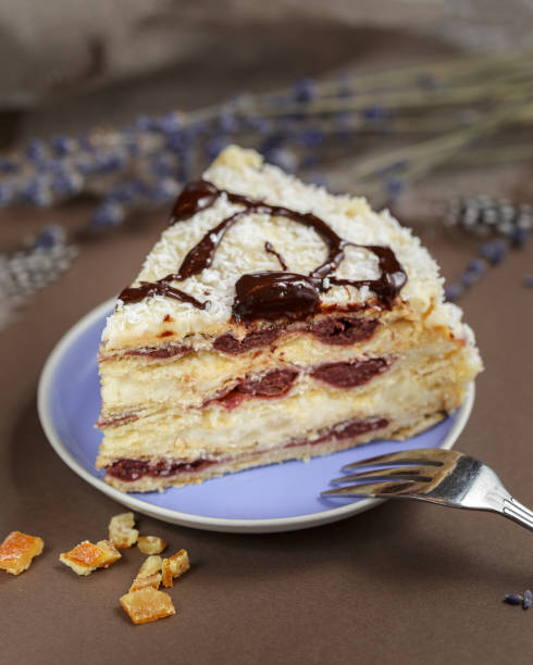 istock Delicious summer cherry cake on a purple plate 1139065198