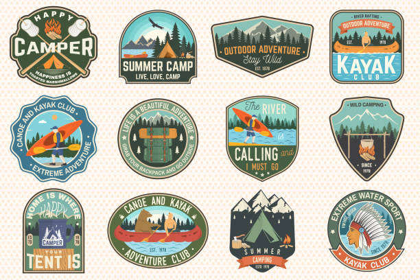 ilustrações de stock, clip art, desenhos animados e ícones de set of summer camp, canoe and kayak club badges. vector. for patch. design with camping, mountain, river, american indian and kayaker silhouette. extreme camp and water sport kayak patches - insígnia ilustrações