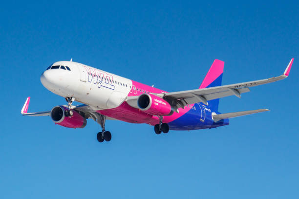 aeronave airbus a320-232 (wl) ha-lyt de wizz air contra el cielo azul en la mañana soleada va a aterrizar en el aeropuerto internacional de vnúkovo en moscú - commercial airplane airplane airbus passenger fotografías e imágenes de stock