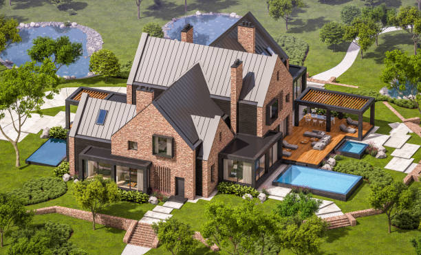istock 3d rendering of modern clinker house on the ponds with pool 1139067865