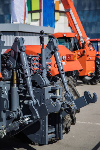 istock Hydraulic hitch. Hydraulic lifting frame. Rear mechanism for attaching trailed equipment of tractor 1139069417