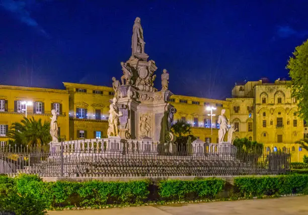 Night view of Teatro Marmoreo in Palermo, Sicily, Italy