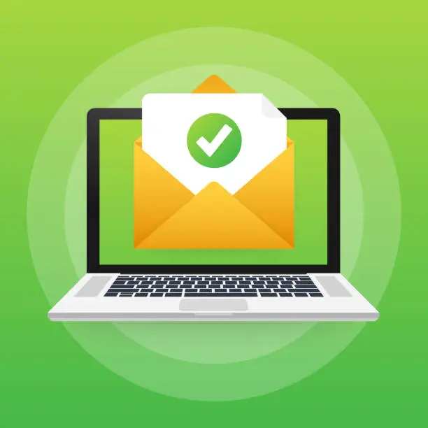 Vector illustration of Opened envelope and document with green check mark. Verification email. Vector illustration.